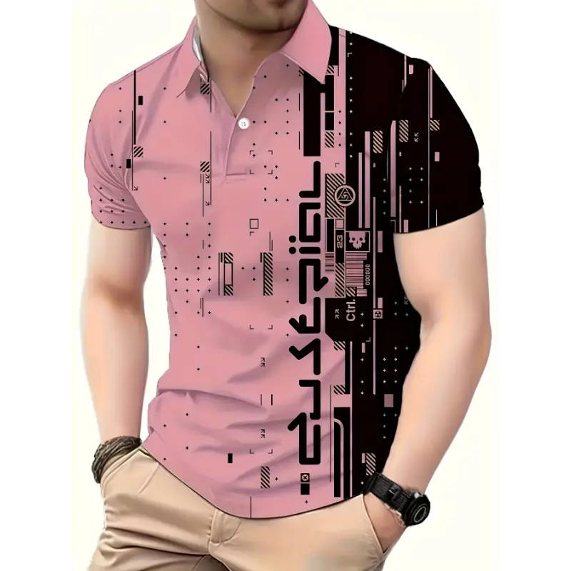 Men's Clothing Men's Colorblock Pattern Print Short Sleeve Golf T-shirt For Summer Casual Top Fabric Menswear Polo Shortsleeve