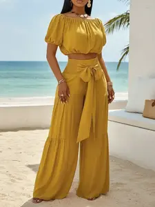 Summer Goddess Two-Piece Set, Off-Shoulder Short Top + High Waist Wide Leg Pants, Elegant Fitted Slimming Chic Beach Vacation Outfit, Womenswear
