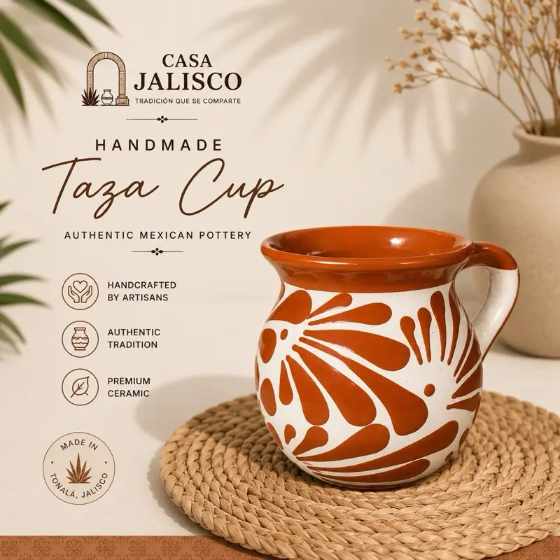 Handmade Tonalá Ceramic Taza Cup | Authentic Mexican Pottery Mug | Terracotta & Cream