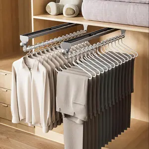 2 Pack 15.7inch Pull Out Closet Rod, Heavy Duty Adjustable Pants Rack, Space Aluminum Clothes Hanger Rail, Top Mounted Valet Rod, Wardrobe Clothes Organizer Storage for Trousers Coats Gray