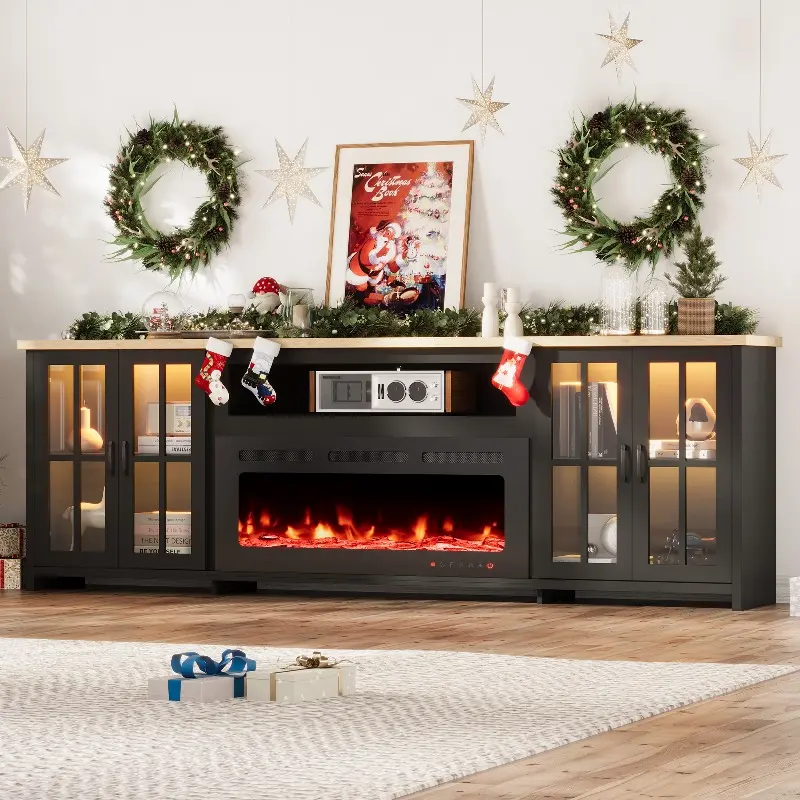 78/97 Inch Fireplace TV Stand with 30"/42" Electric Fireplace, Fireplace Entertainment Center Media Console, Long TV Stand for Living Room, Electric Fireplace TV Stand