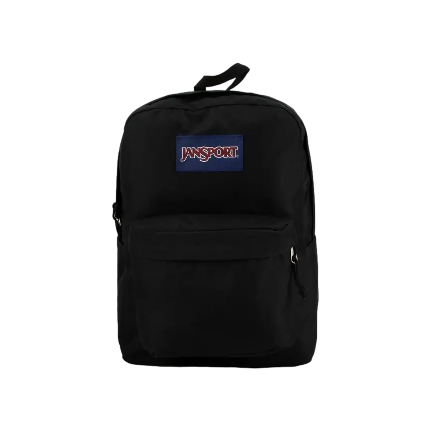 Jansport Super Break Plus Backpack - Black, 100% Recycled Polyester, Roomy Main Compartment, Bottle Pocket, Adjustable Straps, Webbing Handle