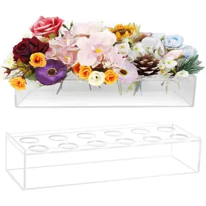 Rectangular Floral Centerpiece Vase for Dining Table, 12-Holes, 11.8 x 4 x 3 Inches
