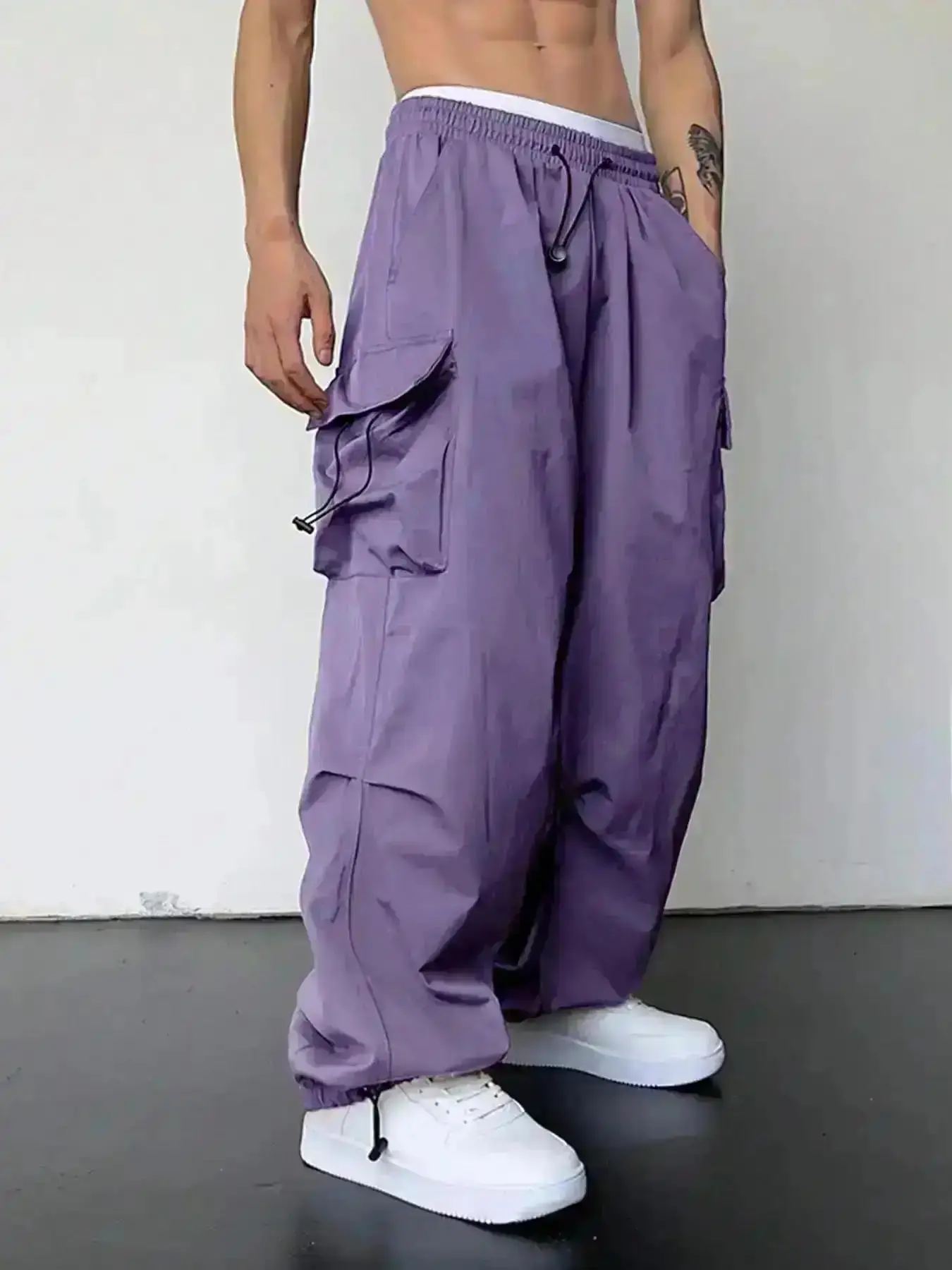 2026 Men's Plain Pocket Drawstring Waist Cargo Pants, Loose Casual Wide Leg Trousers, Men's Bottoms, Spring Pants for Men's, 2026, Casual Streetwear Trousers, Drippy, Summer and Going Out
