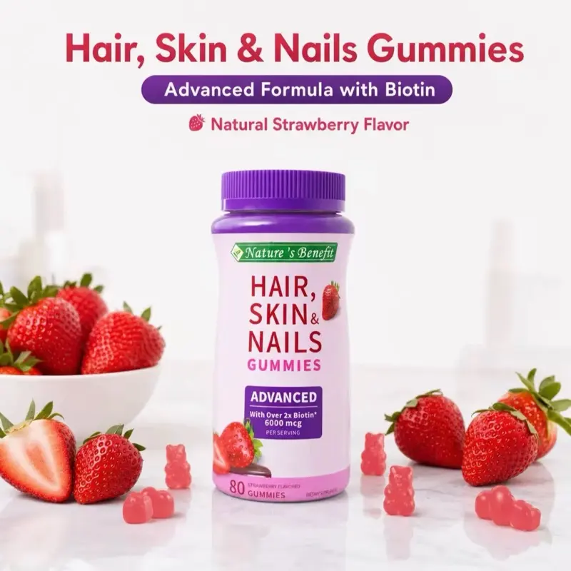 Nature's Benefit Advanced Hair, Skin and Nails Strawberry Gummies, 6000mcg Biotin.