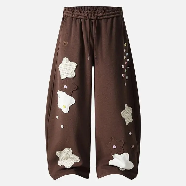 Aelfric Eden Star Cloud Patch Wide Leg Sweatpants Playful Star Cloud Patches Oversized Barrel Fit Adjustable Drawstring Waist Unisex Cute Casual Pants,clothes for back to school,first day of school outfits