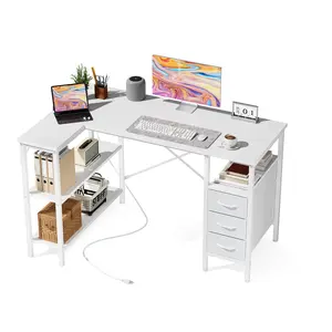 L Shaped Desk with Power Outlets & Reversible Shelves, 47 Inch Home Office Desk with 3 Drawers, Corner Computer Gaming Desk for Small Space, Study Teacher Writing Table