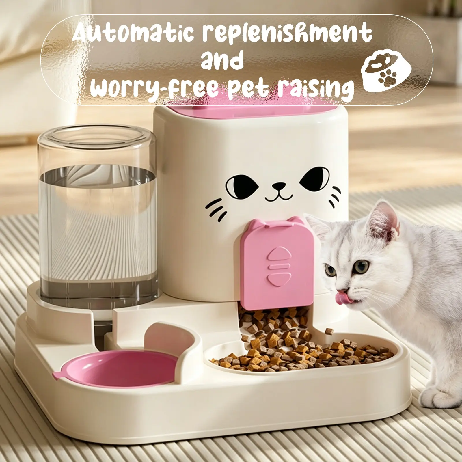 Pet Feeder and Waterer Combo, Dry Wet Food Separator Cat Bowl Dog Bowl, Auto Refill, Anti-Clog, Easy Clean, Large Capacity, Automatic Water Bowl