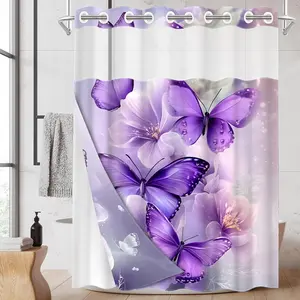 1PC 2D Flat Purple Butterfly Flower Floral Pattern Double-Layer Woven Shower Curtain (No Hooks), Transparent Top Window, Removable Lining with Clips, Bathroom Decor, Bathroom Decoration Accessories, Restroom, Bathroom Accessory