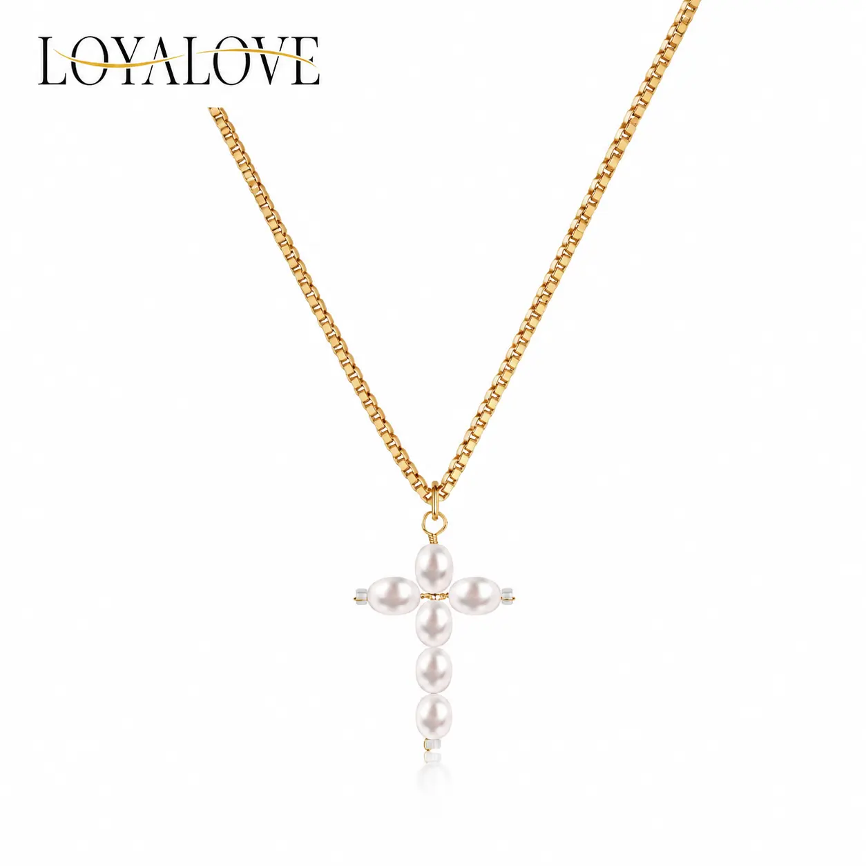 LOYALOVE Freshwater Pearl Cross Necklace for Women, 14K Gold Plated Dainty Faith Necklace, Minimalist Religious Jewelry, Elegant Layering Necklace Gift