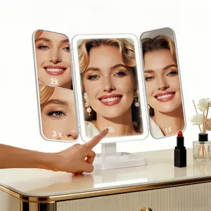 Tri-Fold Lighted Vanity Makeup Mirror with 3x/2x Magnification,21 LEDs Light and Touch Screen,180 Degree Free Rotation Countertop Cosmetic Mirror,Travel  Mirror