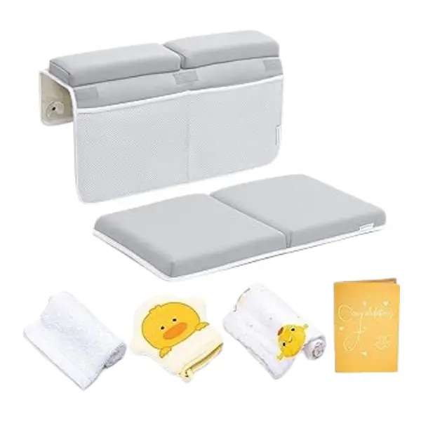 Bath Kneeler and Elbow Rest Pad, 1.75 inch Extra Thick Baby Bath Kneeling Pad and Elbow Pad for Bathtub. Bath Tub Elbow Pad with Infant Toy and Baby Accessories Organizer,