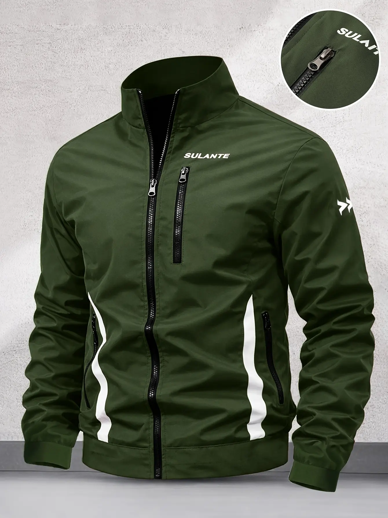 Men’s Polyester Stand Collar Long Sleeve Lightweight Jacket - Windproof, Letter Print, Zip Closure, Multiple Zippered Safety Pockets, Side White Contrast Piping, Modern Plain Full Length Outdoor Wear for Autumn-Winter Cycling, Motorcycle Activities
