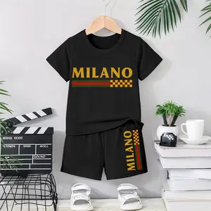 Boys' "Milano" Letter Stripe Print Short-Sleeved T-Shirt And Shorts Set, Casual Children's Summer Clothing, Comfortable Round Neck Two-Piece Set.