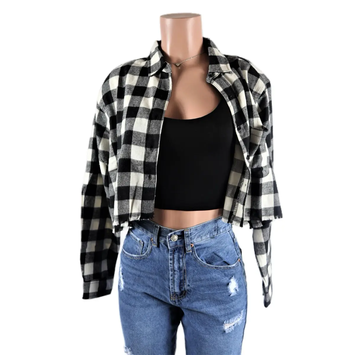 Black Plaid Flannel Top Long Sleeve Crop Shirts Cotton Polyester