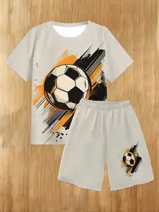 Boys' Football Print Sporty Jersey Sports Short Sleeve Set, Soccer Jerseys, Casual Summer, Comfortable Cotton Material, Ideal for Kids Ages 6-8 Years