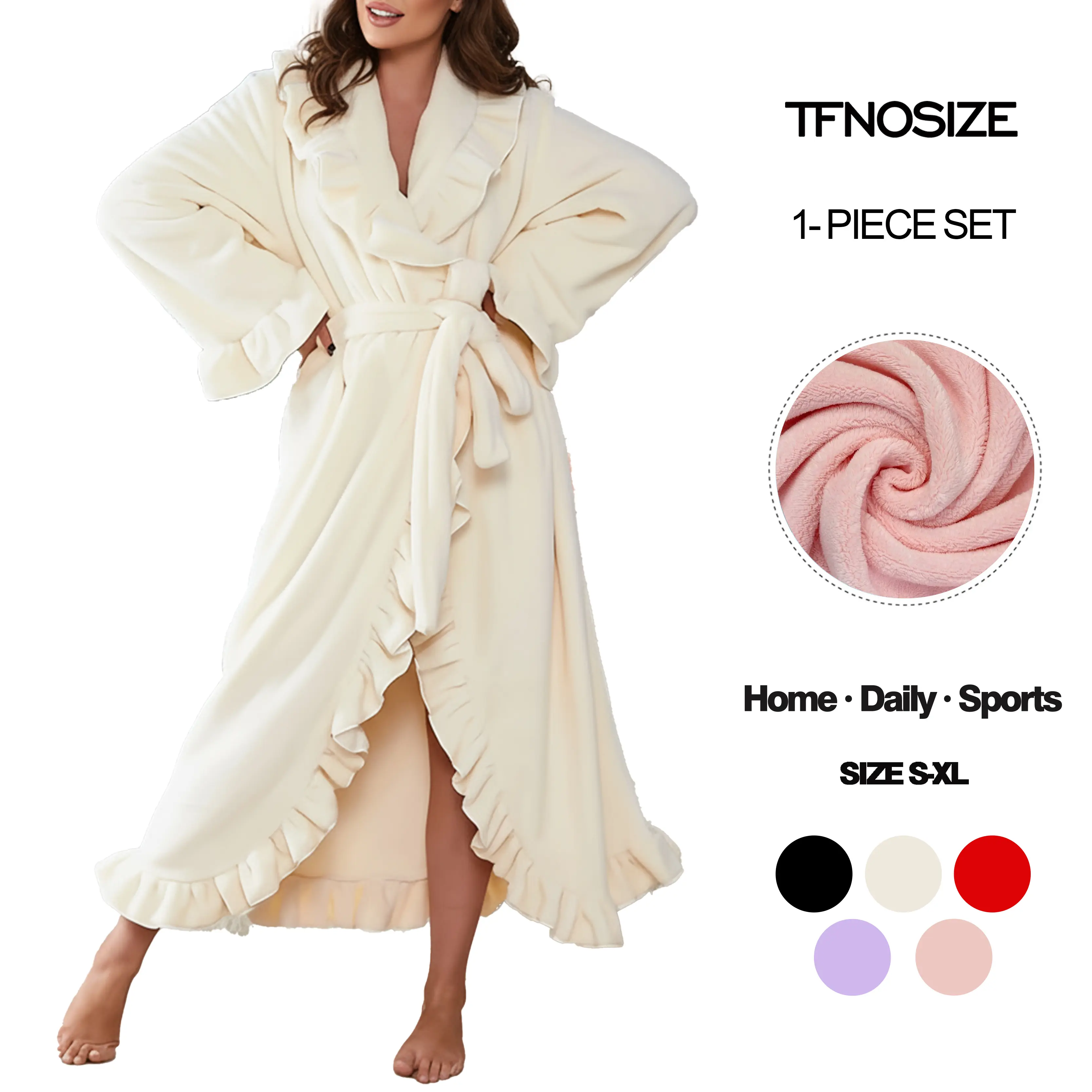 Women's Flannel Robe with Ruffle Hem, Elegant Long Sleeve Belted Dressing Gown for Fall, Thick, Soft, and Comfortable Winter Loungewear, Nightwear, Feminine, Elegance, Belted Bathrobes & Dressing Gowns, Fitted, Knitting, Layered, Plain