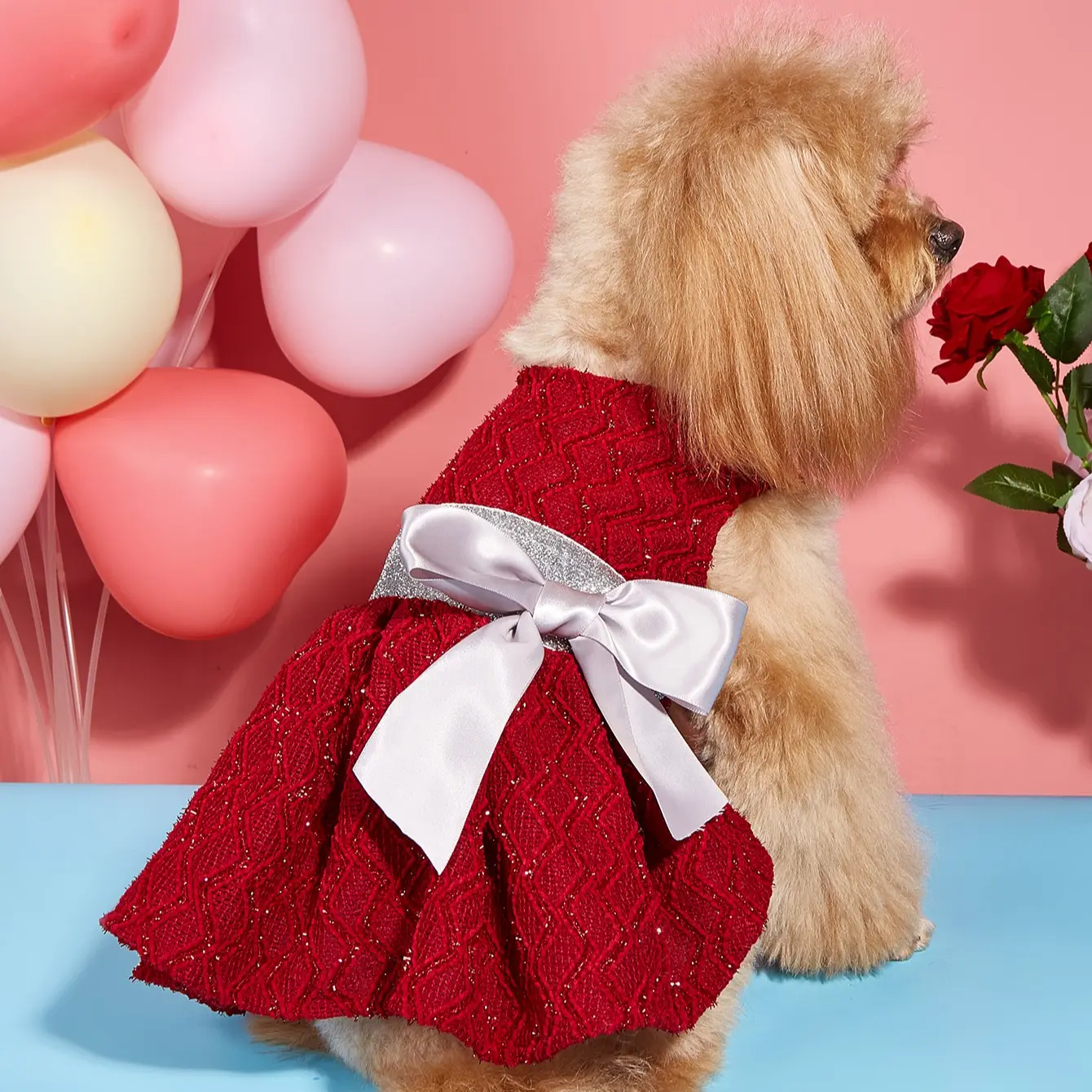 Red Glitter Poodle Dog Dress, Quilted Pattern Pet Formal Apparel. Satin Bow Accent for Small/Medium Dogs, Elegant Special Occasion Outfit, Puppy Clothes