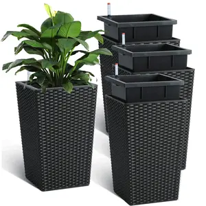 Garvee 16 Inch Tall Rattan Planter Set of 4, Self Watering Plant Pots with Water Level Monitor, Outdoor and Indoor Flower Pots for Patio, Porch, Living Room, or Home Office, Black