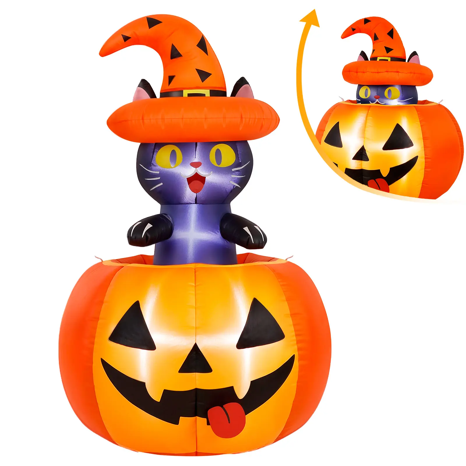 5FT Halloween Inflatable Outdoor Decorations, Blow Up Pumpkin Cat with LED Lights, Animated Halloween Yard Decor for Lawn, Garden and Outdoor Party Decorations
