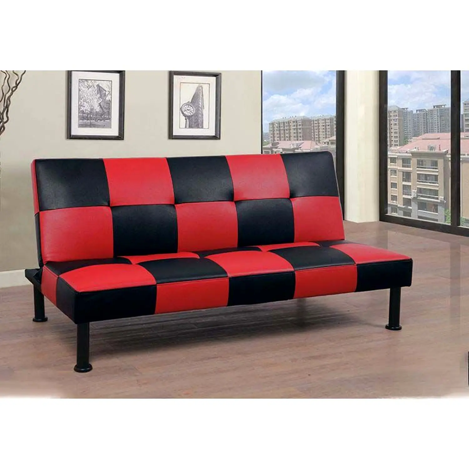 Mid Century Modern Faux Leather Convertible Sofa Bed Loveseat with Storage Chaise Lounge, Space-Saving Indoor Furniture for Studio Living Room
