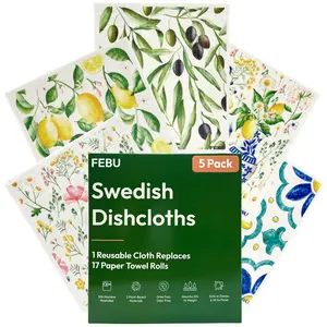 FEBU Swedish Dishcloths for Kitchen & Cleaning 5 Pack Absorbent Washable Reusable Paper Towels Non-Scratch Cotton Cellulose Sponge Cloths No Odor Biodegradable Multipurpose Eco-Friendly
