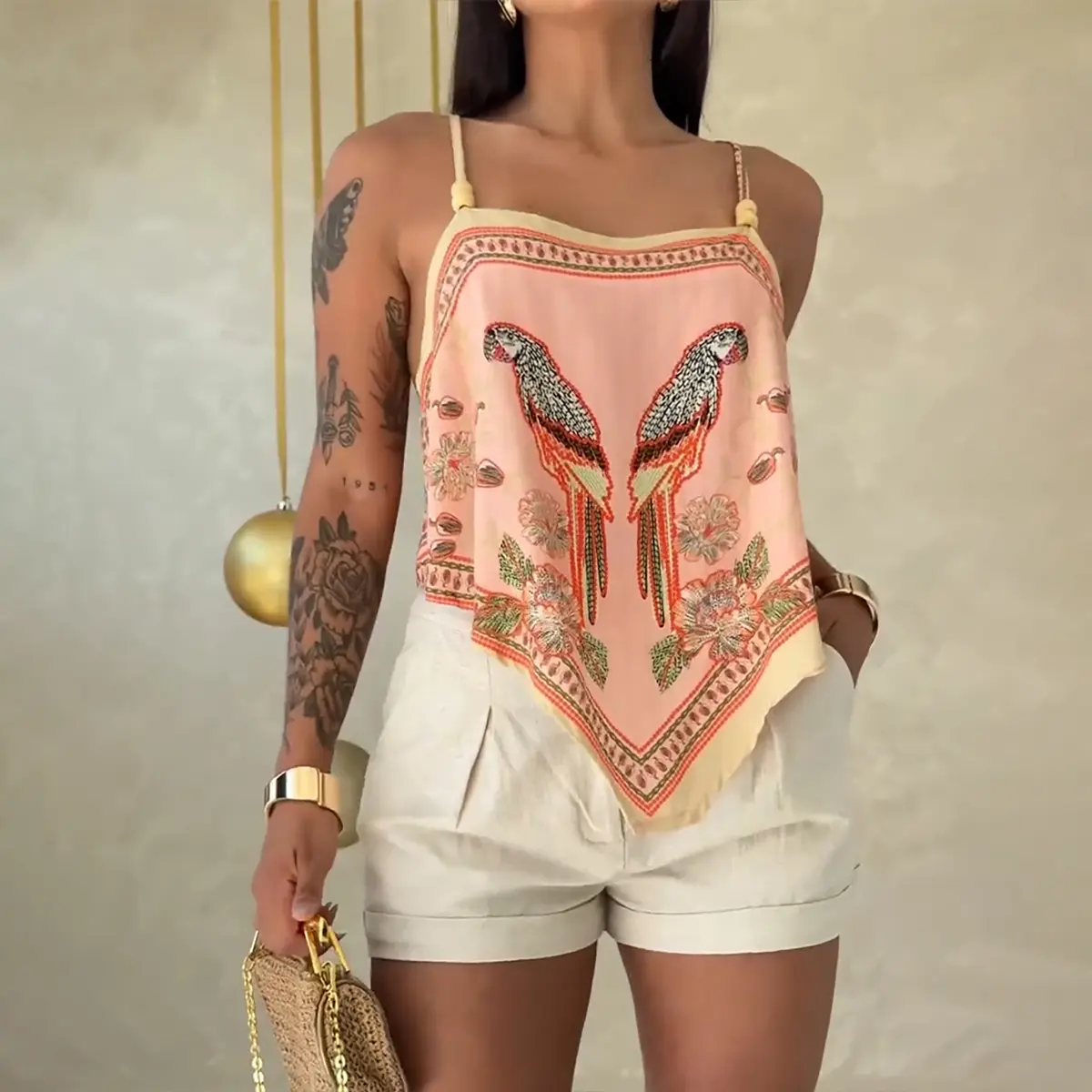 CHICME Women's Tropical Animal & Plants Print Square Neck Adjustable Spaghetti Straps Top Sexy Backless Tie Back Asymmetrical Hem Cami Top