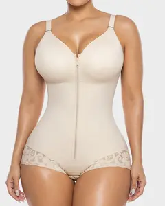 LUXSEREN Women's Basic Minimalist Faja Shapewear Bodysuit - Adjustable Straps, Zippered Lace-Trimmed Waist Trainer with Tummy Control, Hip Compression, Breathable Fabric, Bottom Support, All-Season Slimming, Postpartum Recovery Fit
