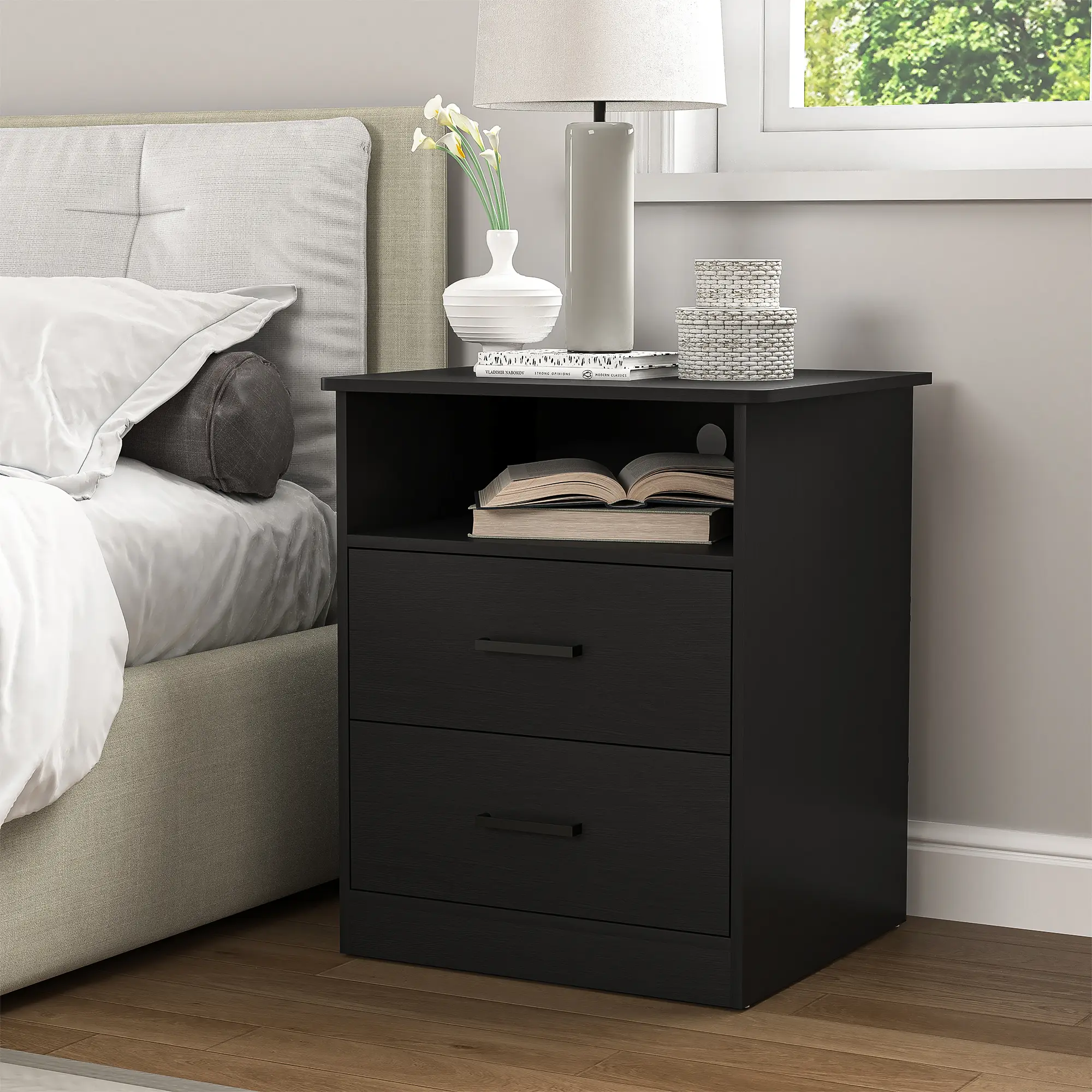 Spaco Modern Charging Nightstand - Narrow Contemporary Indoor Modern Accent Table with 2 Drawers, Open Shelf, Black Finish, 2 AC Outlets, USB/Type-C Ports, Ball Bearing Slides, Scratch & Water Resistance
