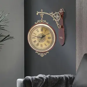 Solid wood metal double-sided wall clock mute European living room wall watch creative wall clock quartz clock Decor Timepiece Design