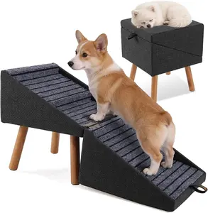 Dog-specific staircase, with stable structure, soft surface and anti-slip properties, foldable for storage, suitable for corgis, shih tzus, senior terriers, family living rooms, bedside, camping and pet use. It is a practical staircase product.