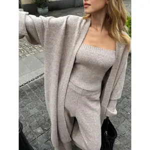 Three-Piece Knit Bustier Cardigan Pants Set
