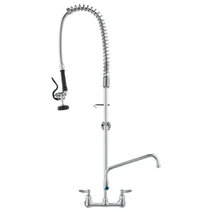 VEVOR Wall-Mounted Kitchen Faucet, 47" Tall, 8" Apart, with 12" Rotating Spout and Pre-Rinse Spray, Brass Build, Pull-Down Feature for Multi-Compartment Sinks