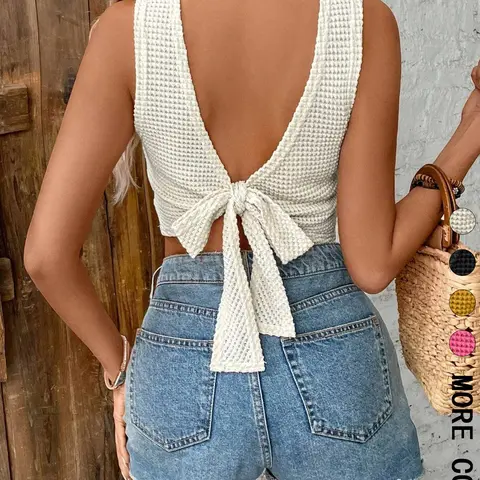 Women's Plain Tie-Back Waffle Knit Fitted Cropped Casual Layering Camisole Tank Top, Cropped Tank Tops, Casual Comfy Sleeveless Top for Daily Wear, Casual Everyday Top, Ladies' Top for All Seasons
