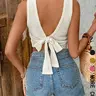 Women's Plain Tie-Back Waffle Knit Fitted Cropped Casual Layering Camisole Tank Top, Cropped Tank Tops, Casual Comfy Sleeveless Top for Daily Wear, Casual Everyday Top, Ladies' Top for All Seasons