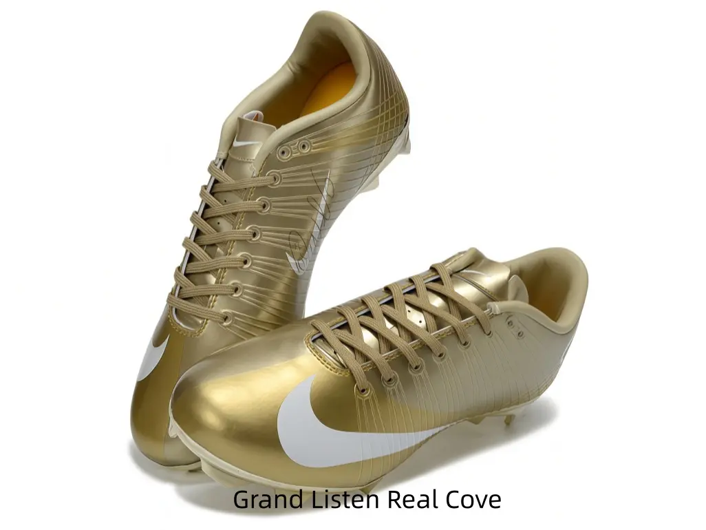 Full metallic gold soccer cleats with matte white graphic and matching golden laces