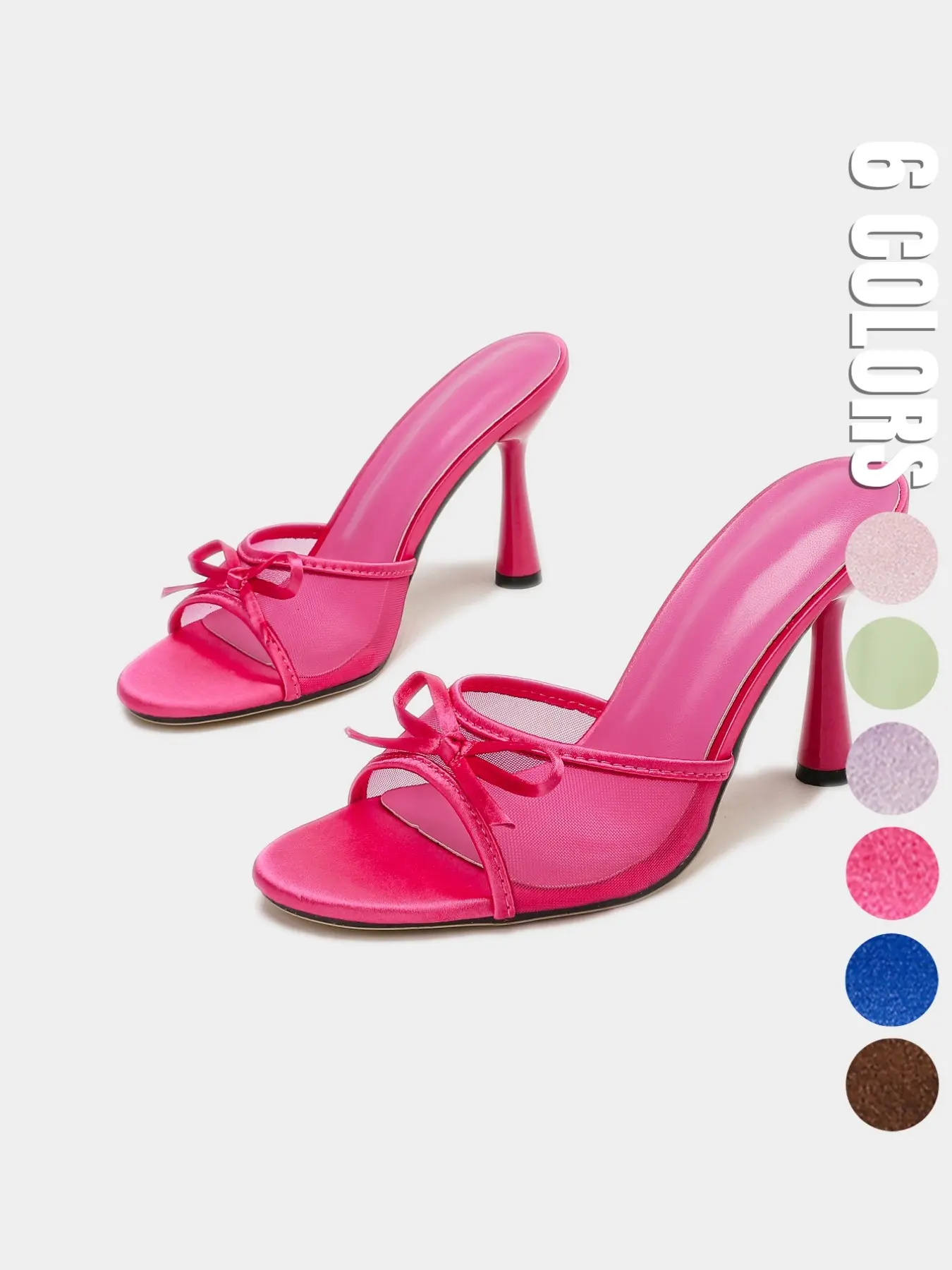 2026 Summer Candy Color Mesh Bow High Heel Mules for Women, Dressy Summer Shoes, Open Toe Hourglass Heel Slip On Slides, Heeled Sandals, Party Shoes, with Non-Slip Sole for Party Club Wear, 6 Colors Available