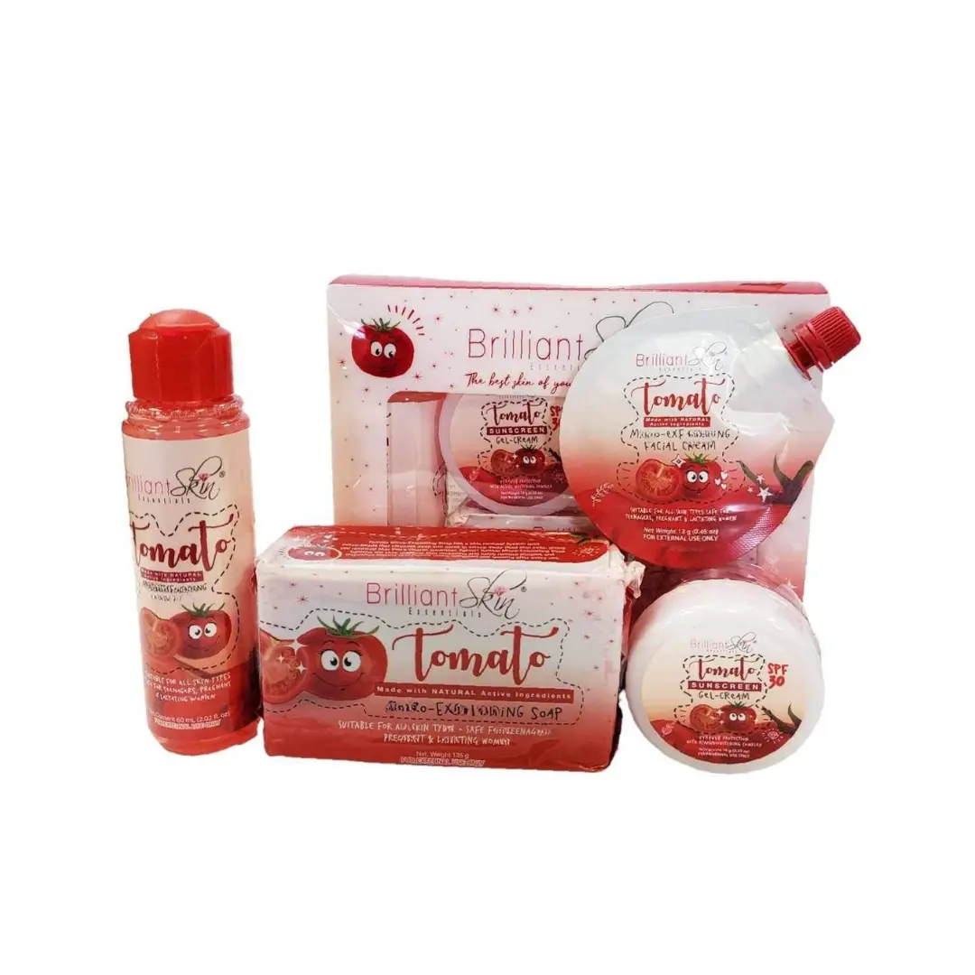 Brilliant Tomato Essentials Set – Facial Soap, Toner, Night Cream & Sunscreen Gel