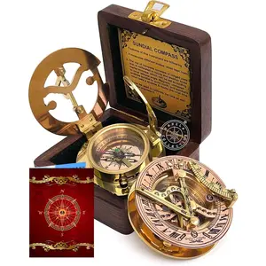 Polished Brass Sundial Compass Clock Ship Replica Watch with Wooden Box Great Gift for Ship Decorations