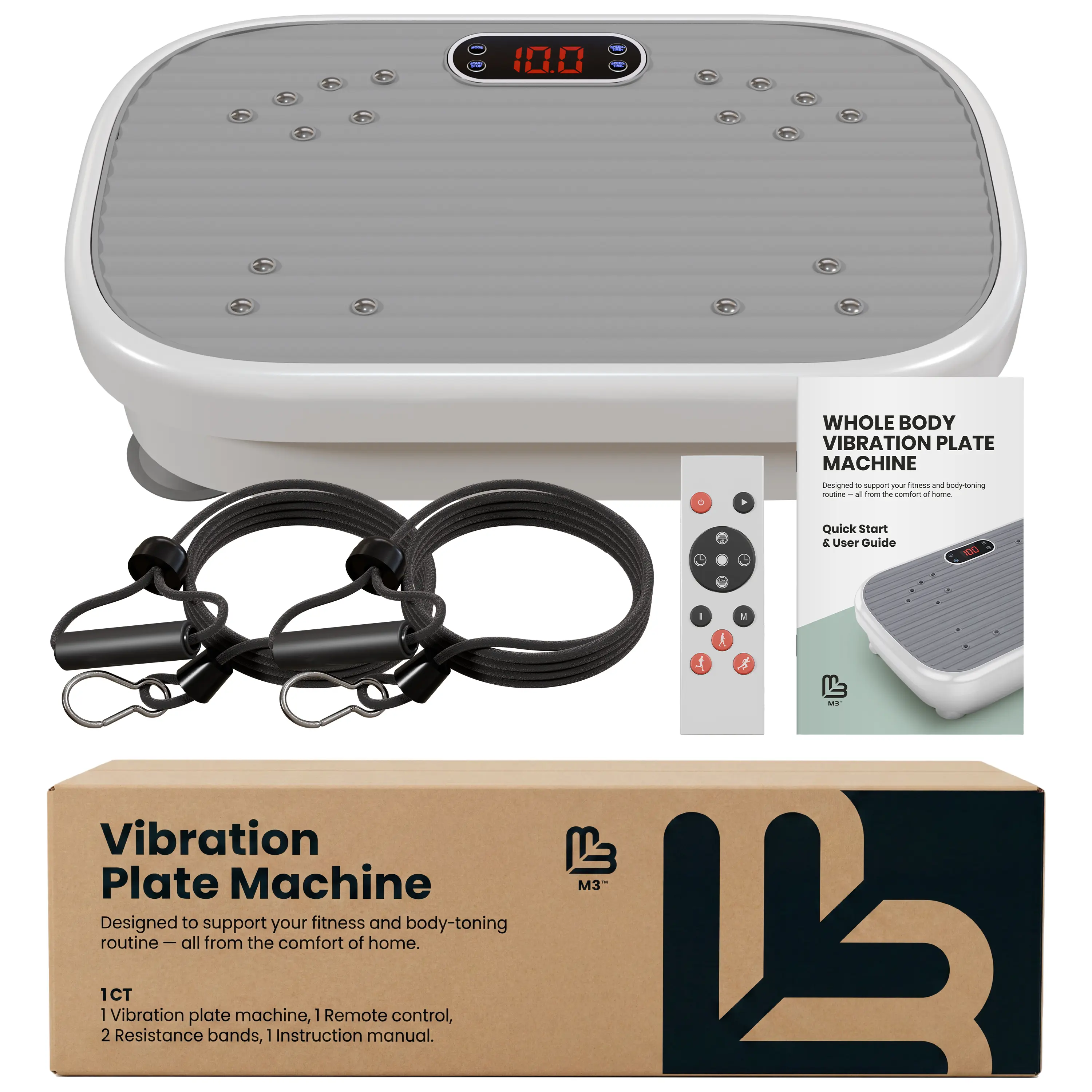 Vibration Plate Exercise Machine for Lymphatic Drainage, Home Fitness & Full Body Workout | Compact Body Shaker with Remote, Resistance Bands, Bluetooth Speaker & Adjustable Speeds by M3