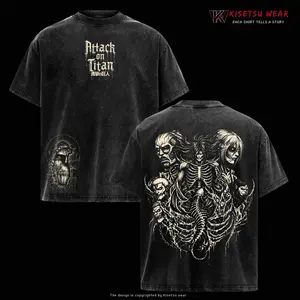 Unisex Attack On Titan Anime Oversized Graphic Top - Menswear Apparel, Seamless Soft Shortsleeve Acid Wash Cotton Round Neck, Titan Skeleton Gym Pump Cover & Casual Anime Streetwear T-Shirt