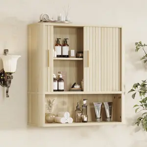 【Deals for You Days】DHH 23.6" Fluted Wall Mounted Medicine Cabinet, Mid-Century Modern Bathroom Storage with Tambour Sliding Door, Adjustable Wood Shelf Over The Toilet Organizer, Aesthetic Wooden Wall Cupboard（wood） summergarden