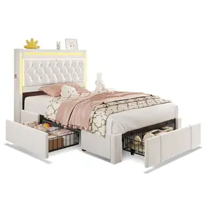 SIKAIC Twin Size Upholstered LED Bed Frame Beige Bedroom Set Unique Bedroom Furniture Headboard And Storage Platform Bedframe