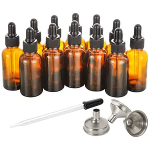 12 Pack, Glass Dropper Bottle with 3 Stainless Steel Funnels & 1 Long Eye Dropper - 60ml Amber Glass Tincture Bottles for Travel Essential Oils, Liquids - Leakproof