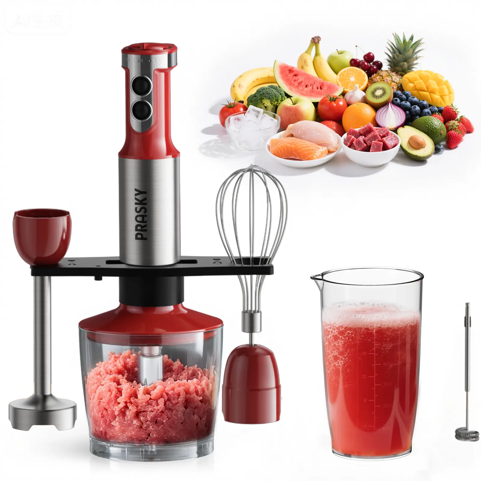 PRASKY Electric Hand Immersion Blender,20 Adjustable Speed& Hander Blender, 800ml Mixing Beaker, 600ml Chopper, Powerful and Sharp 4-leaf blades,Whisk and Milk Frother Household Appliances Multifunction Durable