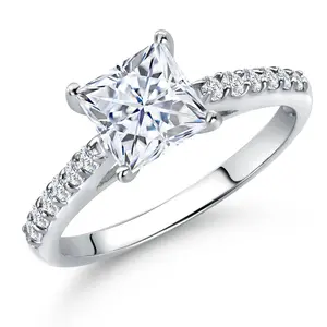 Gem Stone King 10K White Gold Princess 6MM Gemstone Birthstone and Lab Grown Diamond Engagement Ring For Women | Wedding Anniversary Promise Ring For Women | Size 5,6,7,8,9