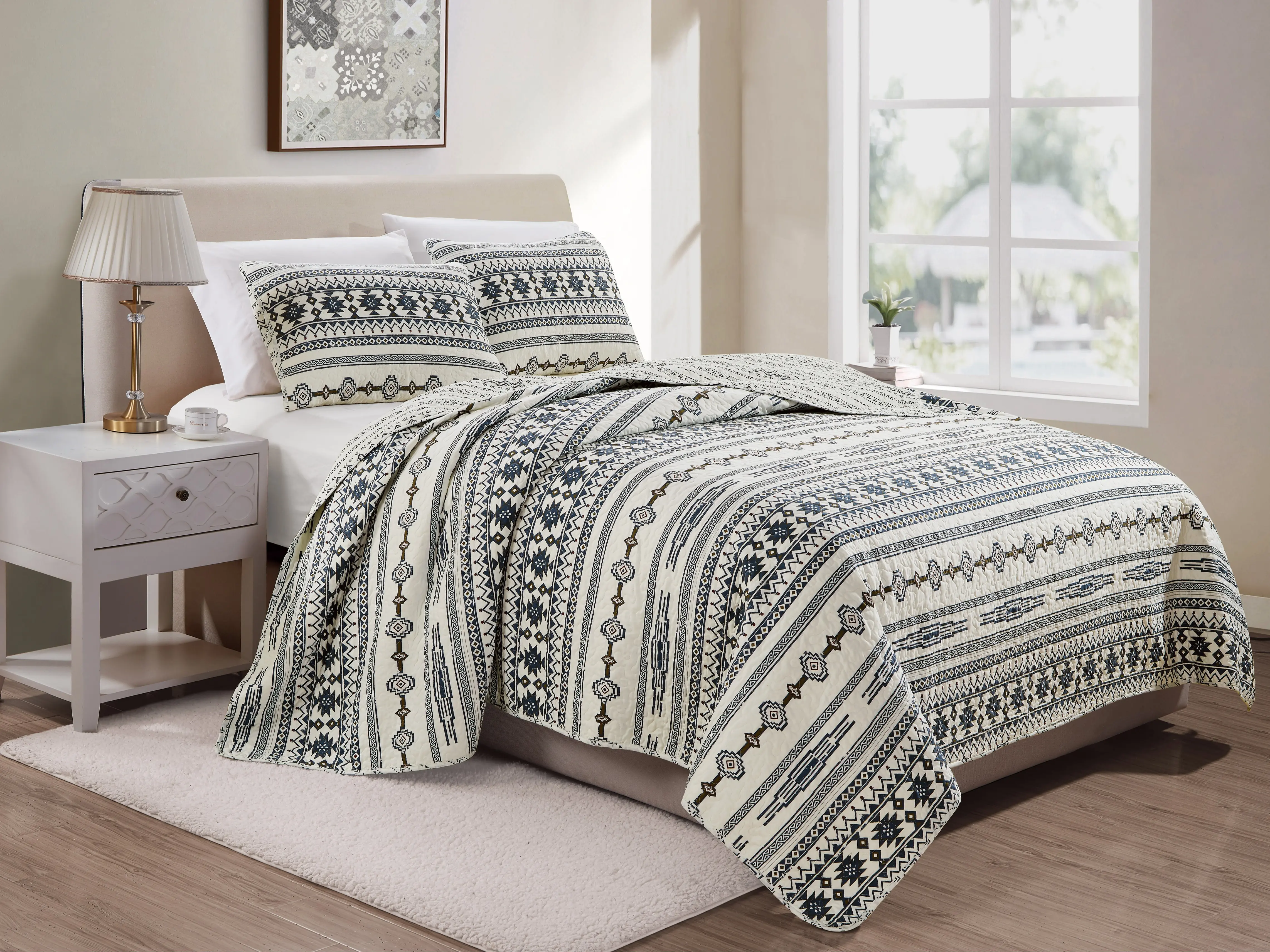 CHEZMOI COLLECTION Colby Western Geometric Tribal Washed Microfiber Bedspread Quilt Set Twin Queen King Sizes Vermicelli Stitching
