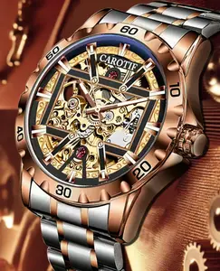 CAROTIF Business Fashion Round Dial Analog Watch for Men Luxury Skeleton Design Trendy All-Match Exquisite Gift Watch with Box for Birthday Brown