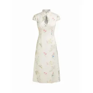 Cider Satin Floral Mandarin Collar Tie Front Maxi Mandarin Dress