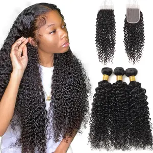 Curly Hair Bundles with Closure Virgin Human Hair Bundles with Closure 4x4 Lace Closure with 3 Bundles Mongolian Curly Quick Weave